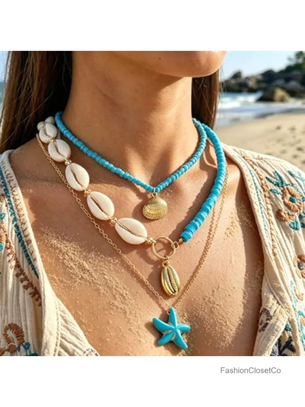 Layered Boho Seashell Starfish Pendant Necklace